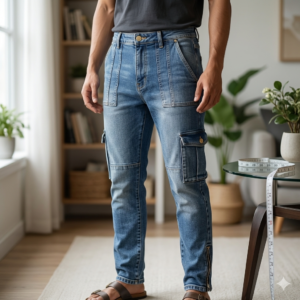 Nova Men Slim Fit Cargo Jeans - Light Blue