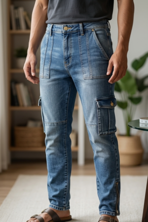 Nova Men Slim Fit Cargo Jeans - Light Blue
