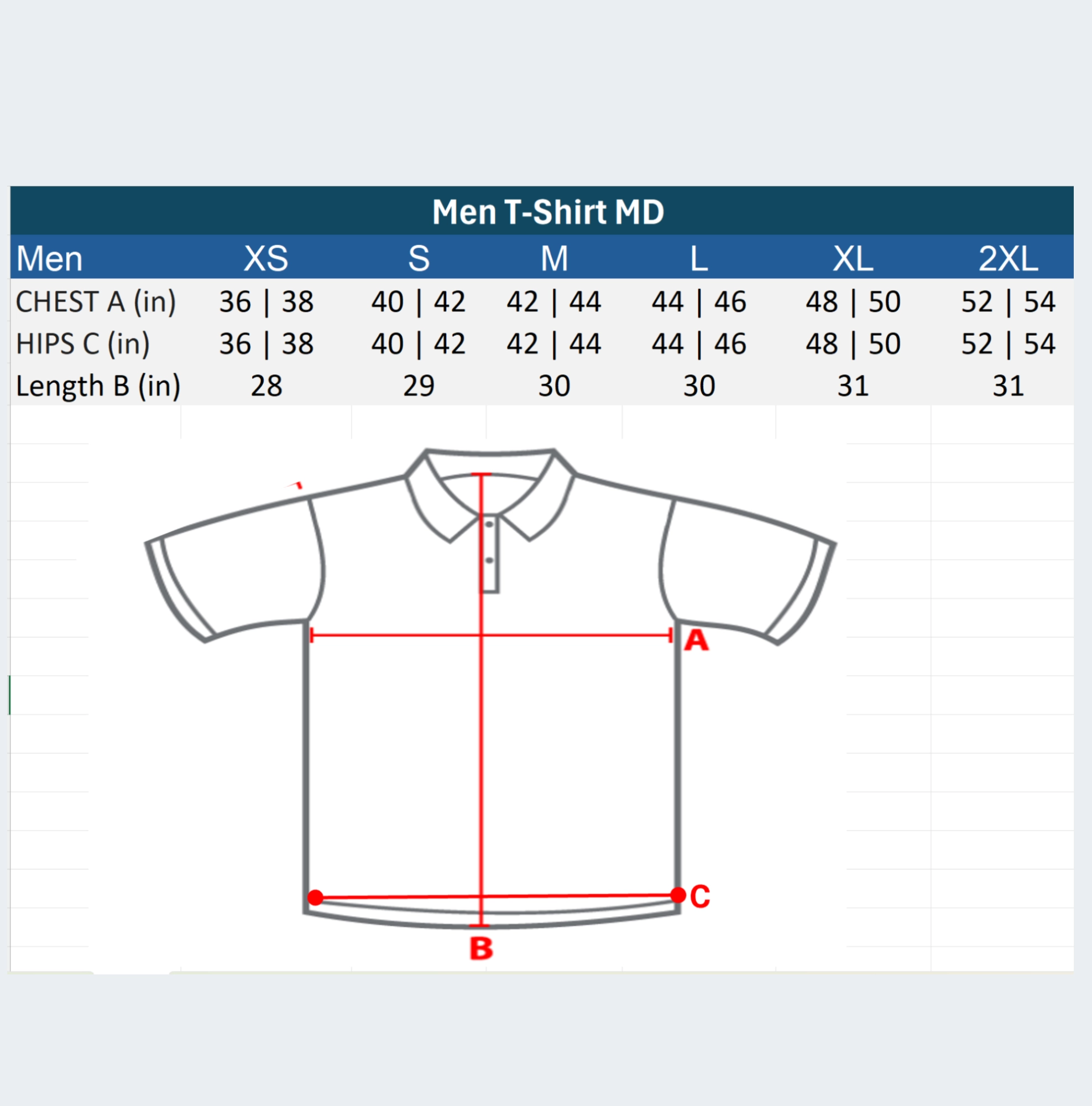 Size chart round neck t-Shirt